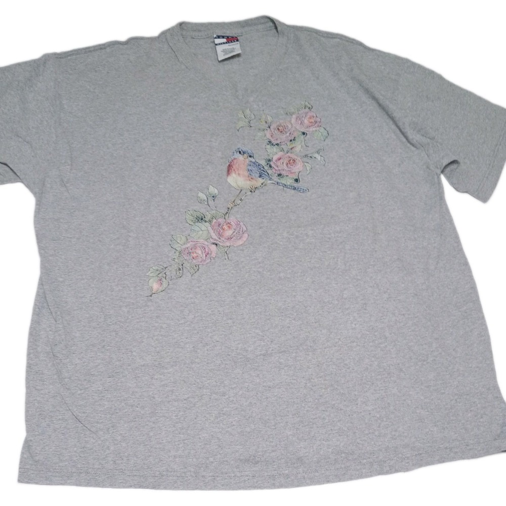 Tommy Hilfiger T Shirt Women's XXL Gray Y2K 2000 Bird Rose Floral Graphic
